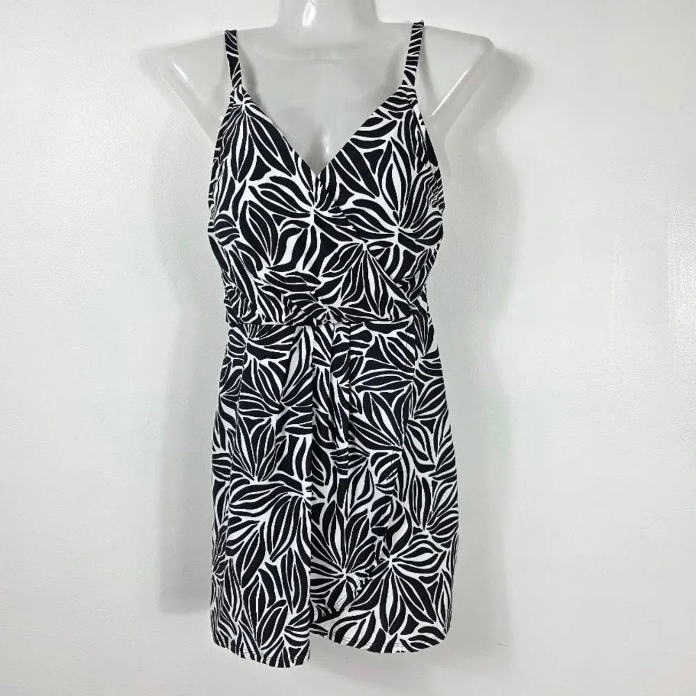 Lands'‎ End Swim Dress Women Small Black White Leaf Print UPF 50+ 1837629 New